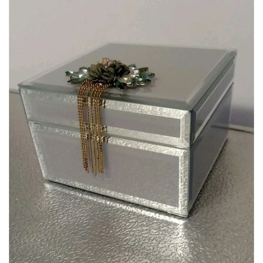 Taizhoe Art Deco Floral‎ Chain Frosted Glass Mirror Jewelry Trinket Box